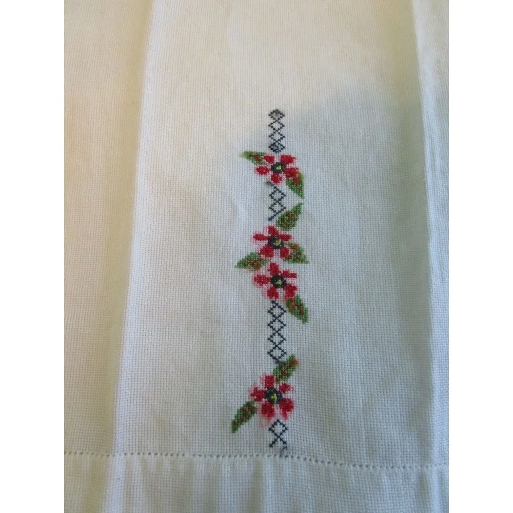Vintage Hand Embroidered Guest Tea Hand Towels Pink Red Floral Minor Age Stains